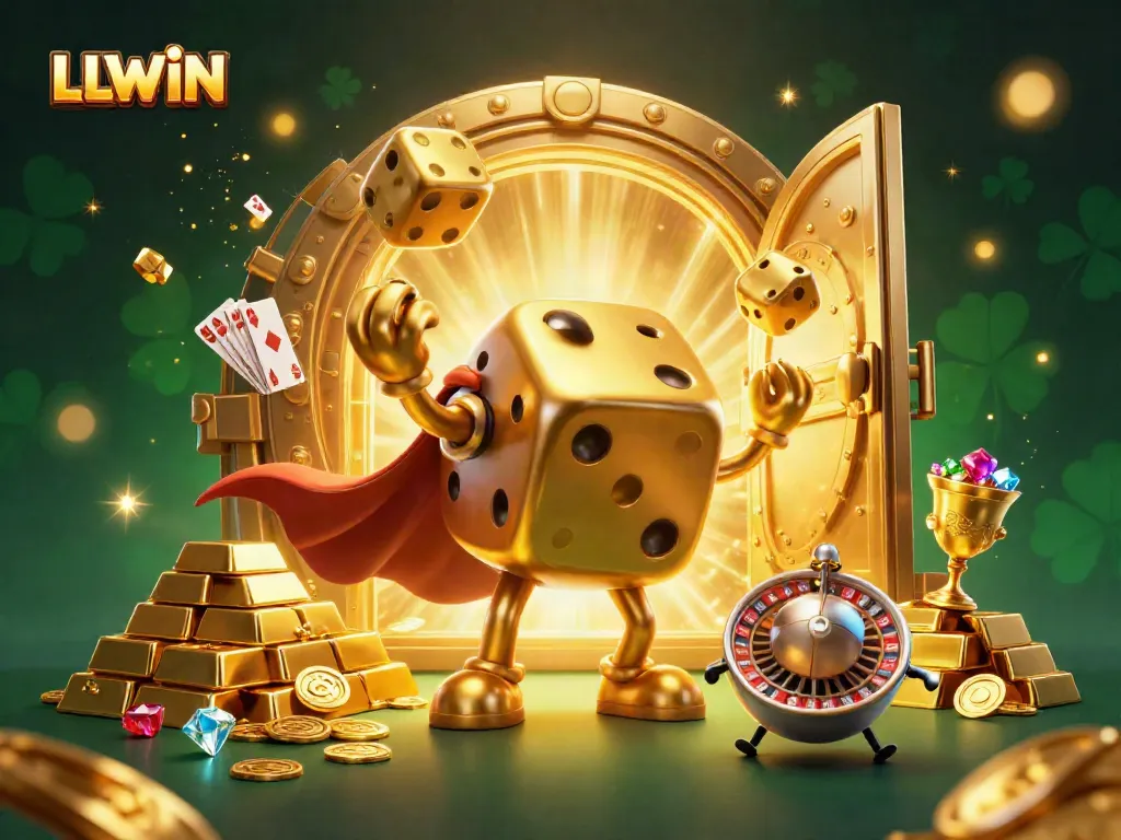 LLWIN offers vibrant online gaming with dynamic casino scenes featuring golden dice and treasures.