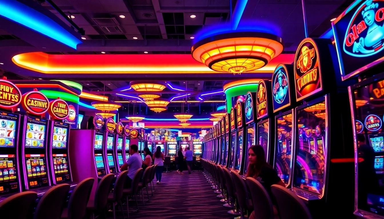 Slot gacor machines spinning in a lively casino setting, attracting enthusiastic players.