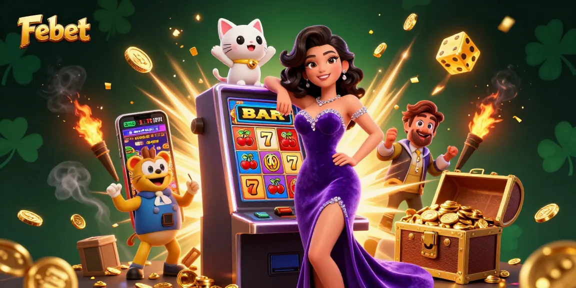 Experience thrilling wins at Febet with a glamorous woman celebrating a jackpot beside a fortune cat.