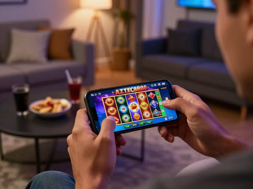 Engaging in online gaming with AZTEC888 app showcasing vibrant slot visuals on smartphone