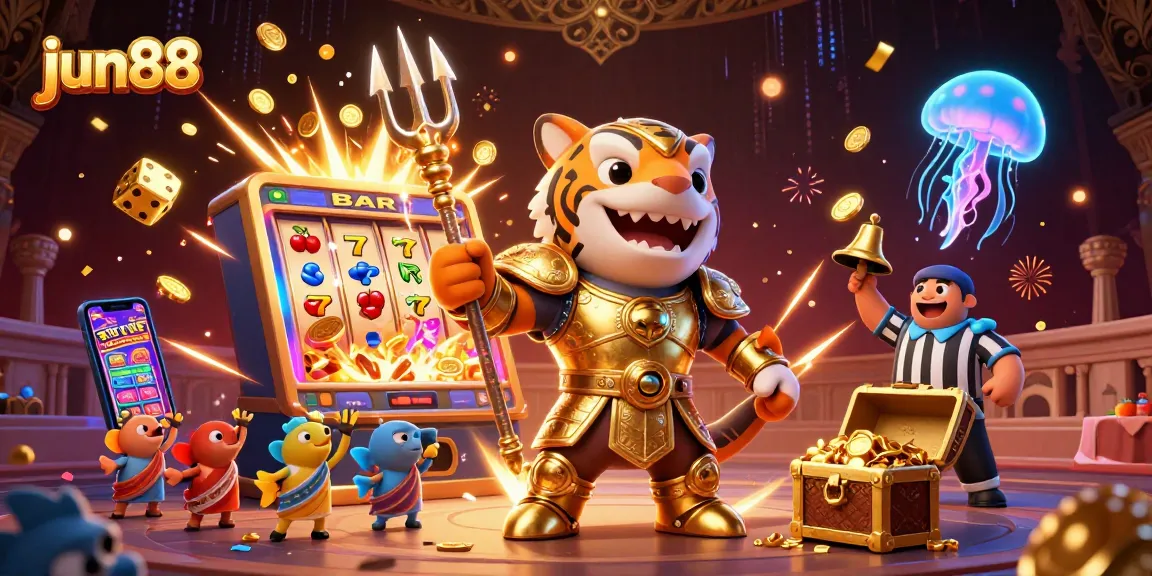 Experience thrilling gameplay at jun88 with a vibrant 3D casino scene featuring slots and a dynamic shark champion.
