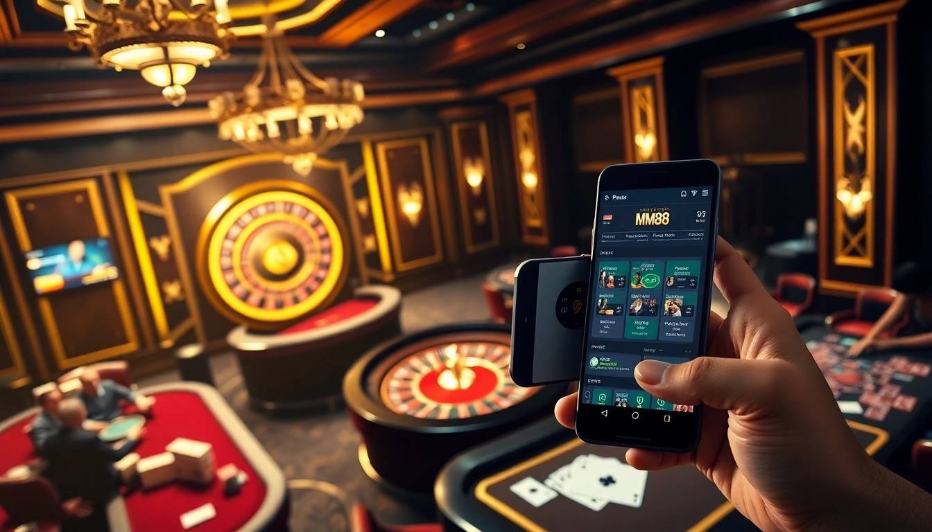 Engaging casino atmosphere showing players at tables and the mm88 com mobile interface.
