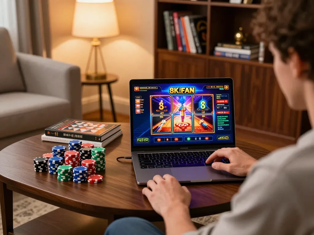Engaging in online slot games at 8K8.fan on a sleek laptop, showcasing a vibrant gaming setup