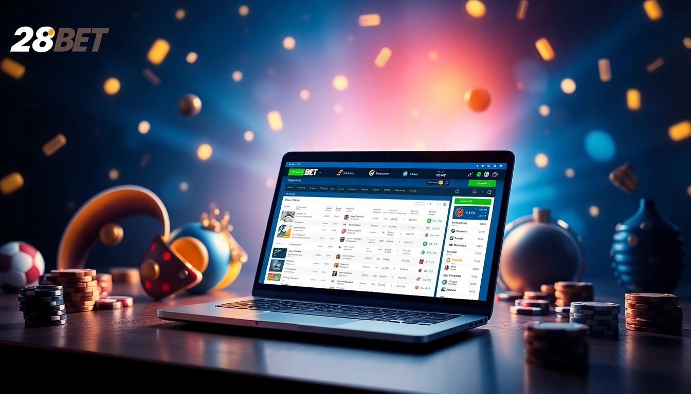 Exciting 28BET online betting interface with sports paraphernalia and casino chips.