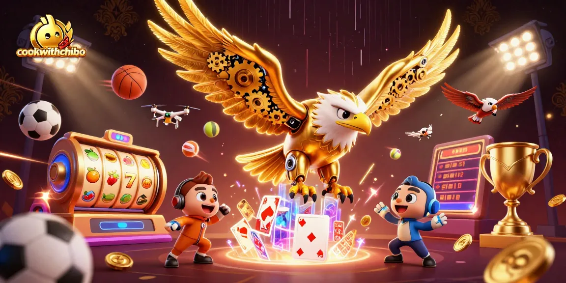 Players engage with cookwithchibo, seeing the golden eagle amidst dynamic slots and sports elements.