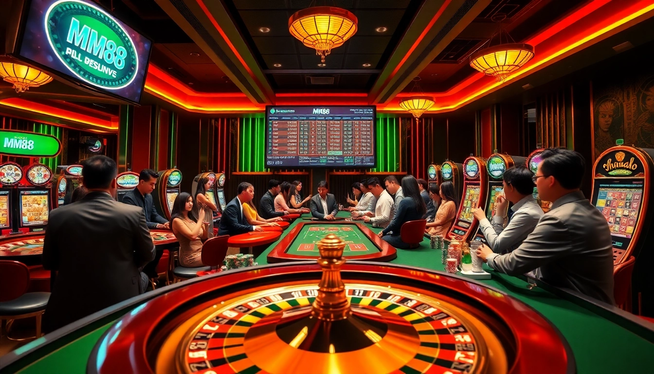 Engage with MM88 in a dynamic online casino scene filled with excitement and vibrant gambling elements.