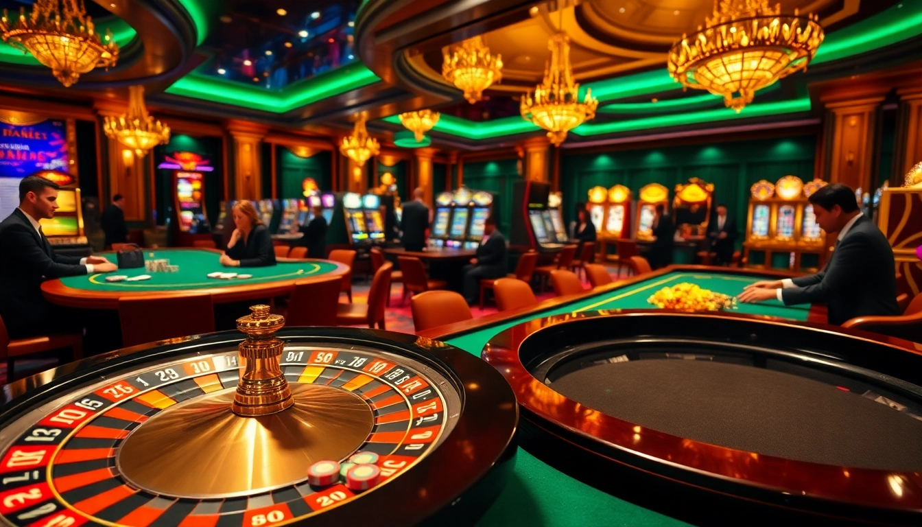 Engaging casino atmosphere showcasing players at ww88 com, with roulette, poker, and vibrant slot machines.
