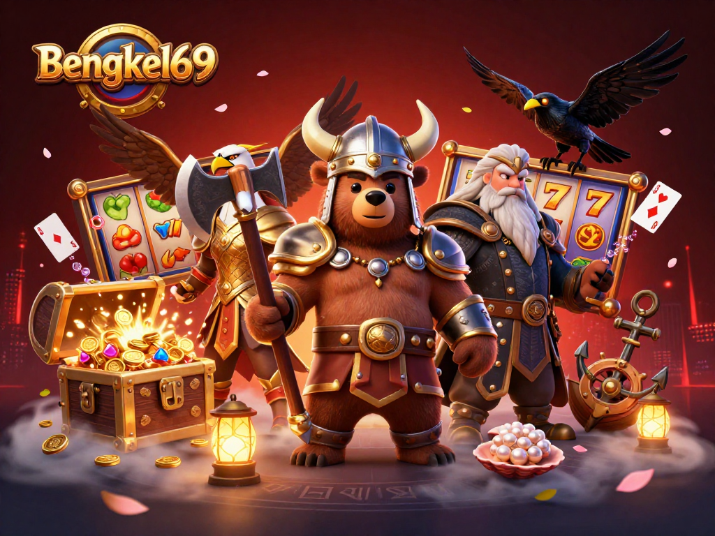 Bengkel69 showcases an engaging casino scene with Viking characters amidst golden treasures and floating playing cards.