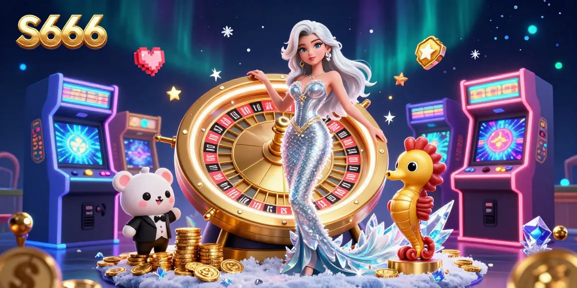 Experience the excitement of S666 with vibrant gaming elements and a glamorous mermaid by the golden roulette wheel.