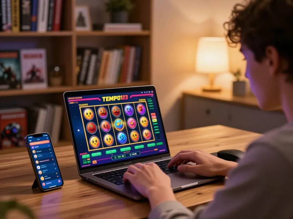 Player engaged with Tempo123 slot game on laptop, showcasing vibrant online gaming experience.