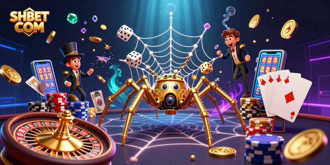 Spin to win with SHBET COM! Engage with a 3D steampunk spider and lively casino elements.
