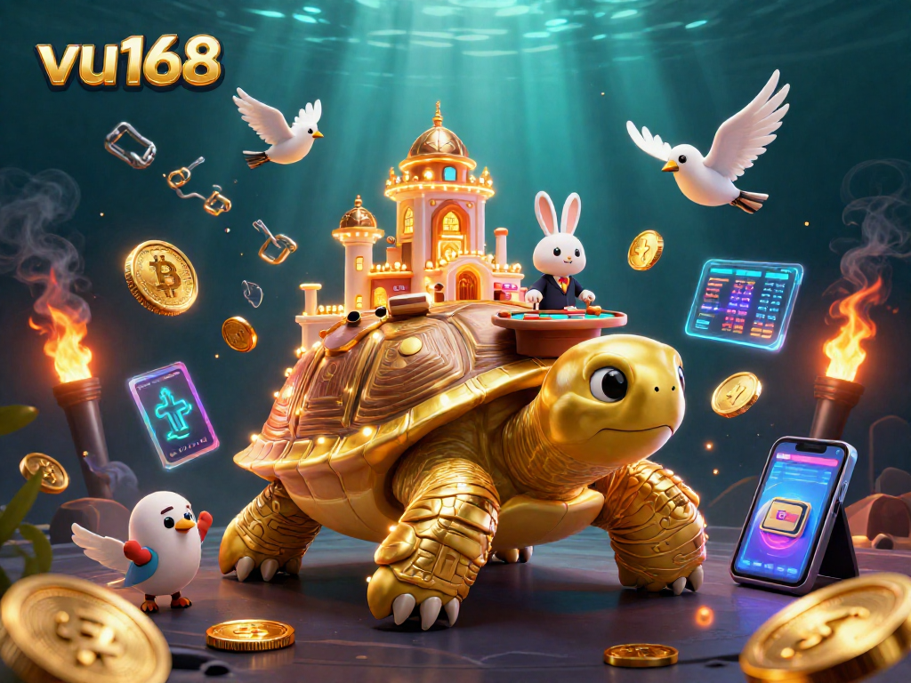 Join thrilling games at vu168, where a giant golden tortoise hosts exciting casino entertainment.