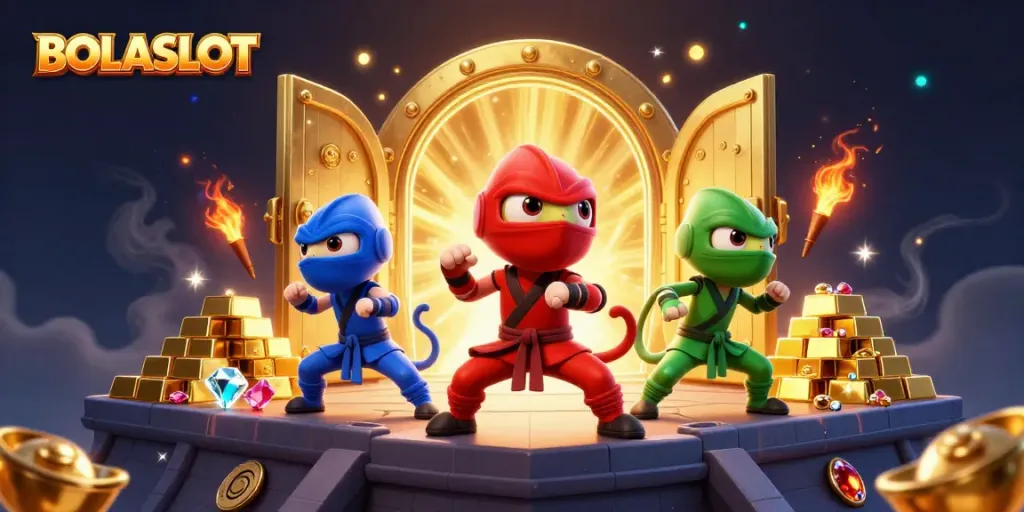 BOLASLOT showcases three ninja chameleons in striking colors performing martial arts with a dazzling treasure backdrop.