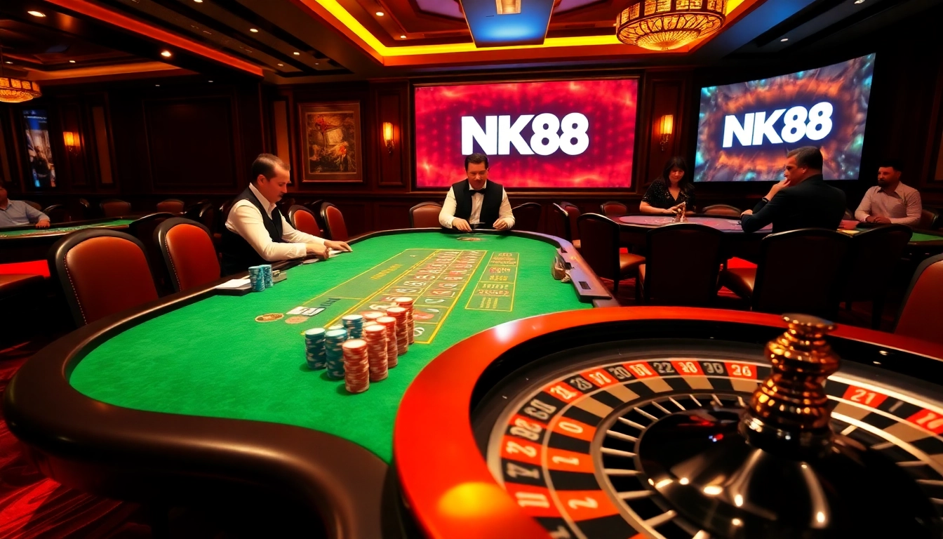 This vibrant casino scene showcases NK88 with a poker table, colorful chips, and players in action.