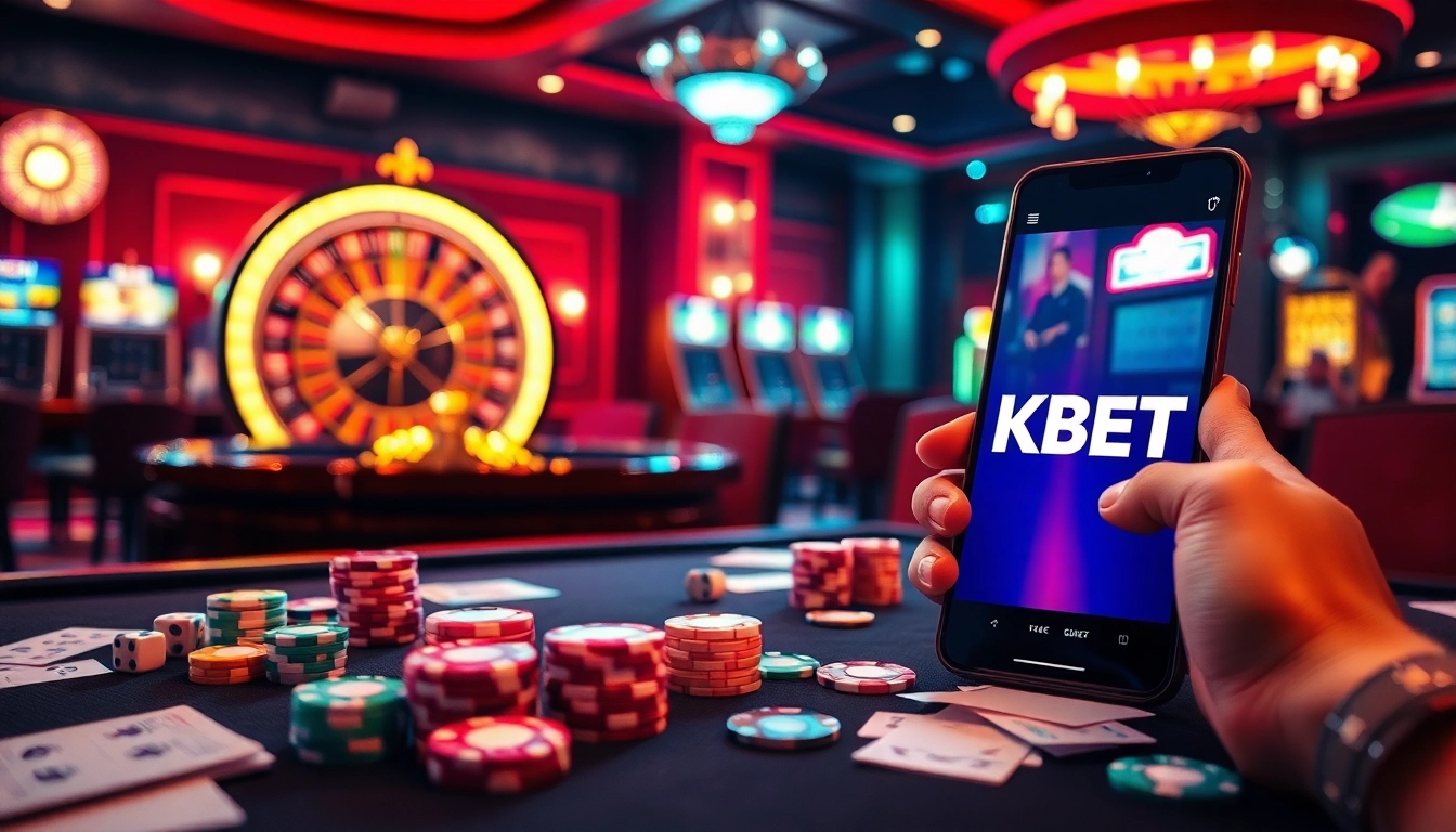 Action-packed gambling scene at 8KBET casino featuring poker, roulette, and luxury elements.