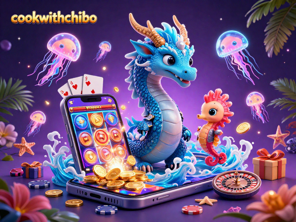 Experience thrilling slots with cookwithchibo featuring a water dragon amid glowing jellyfish and casino elements.