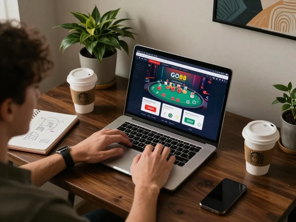 Player engaging with the GO88 casino app in a stylish home setup, emphasizing strategic online gaming.