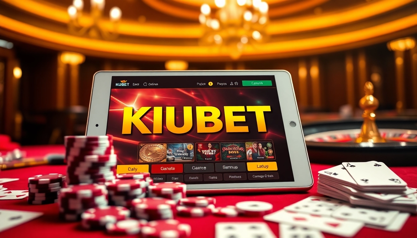 KUBET tablet interface surrounded by poker chips and cards in a luxurious casino setting.