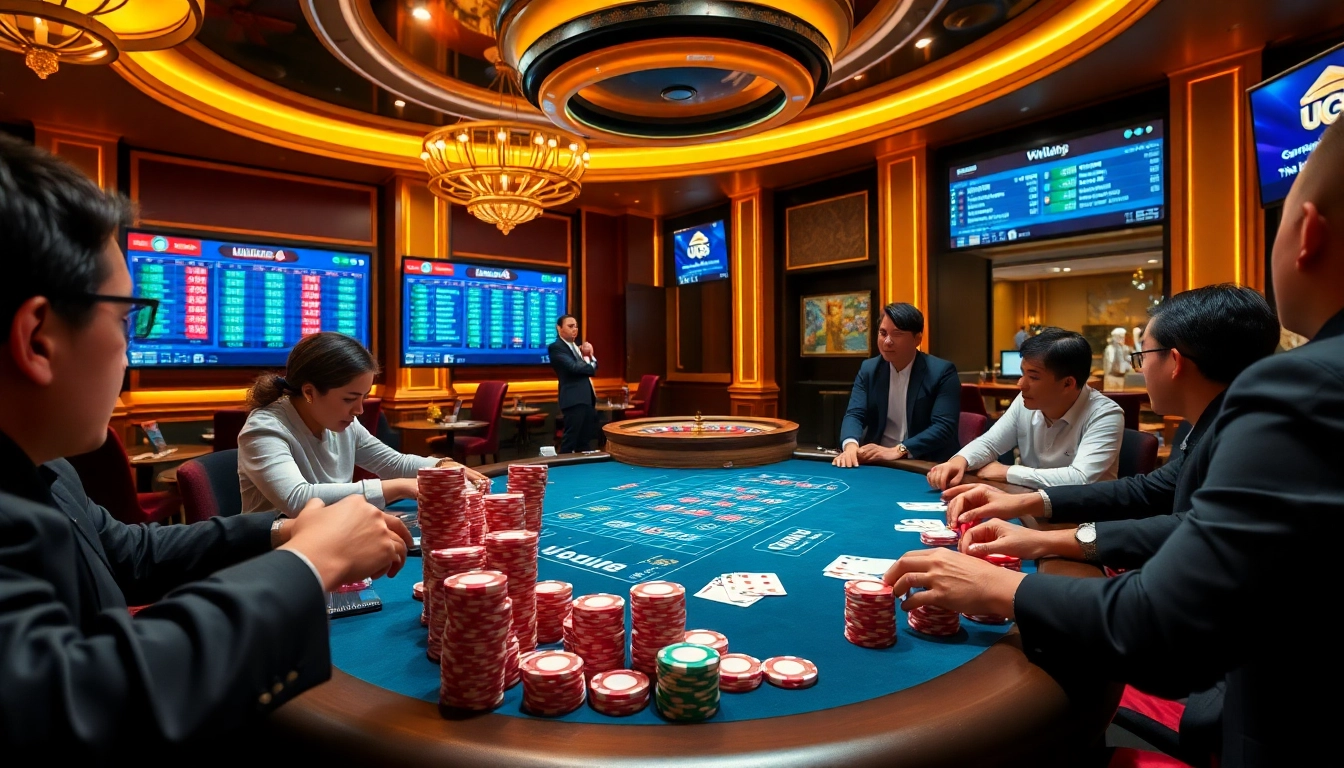Exciting gambling scene at UU88 casino with poker players and vibrant casino elements.