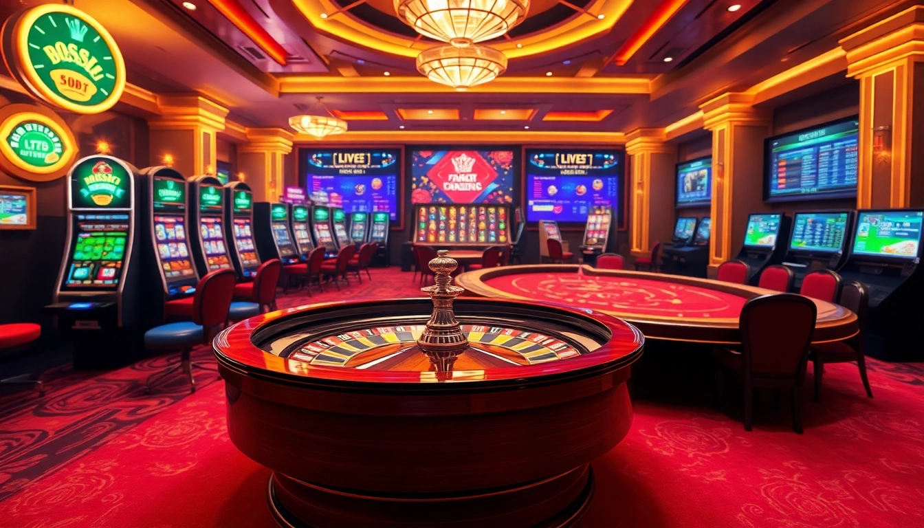 Experience an exhilarating gambling atmosphere at SOIBET with vibrant slot machines and a glamorous roulette wheel.