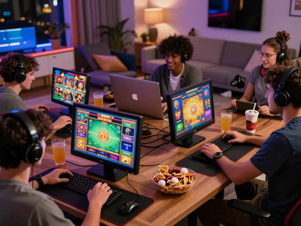Players engaging with zeus138 online slot games in a vibrant, modern gaming atmosphere.