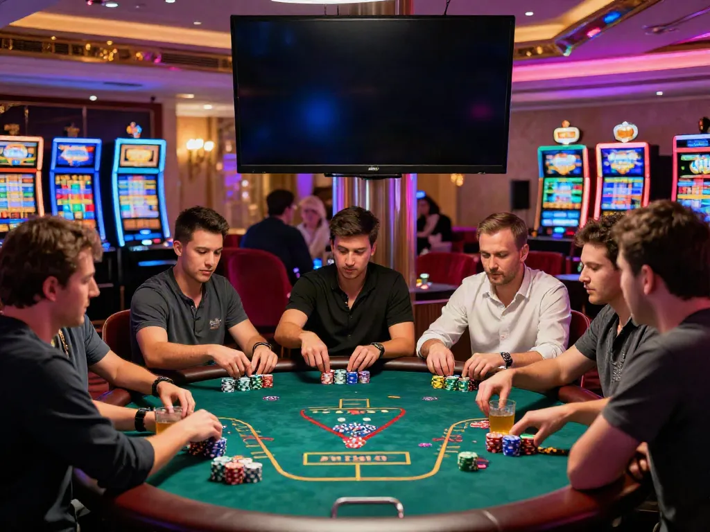 A dynamic gambling scene showcasing akunjp at a vibrant casino with enthusiastic players and neon lights