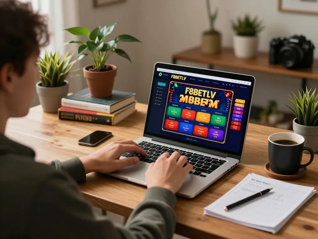 Player engaging in online casino games on F8BETLV, showcasing a modern gaming setup with vibrant interface and cozy atmosphere.