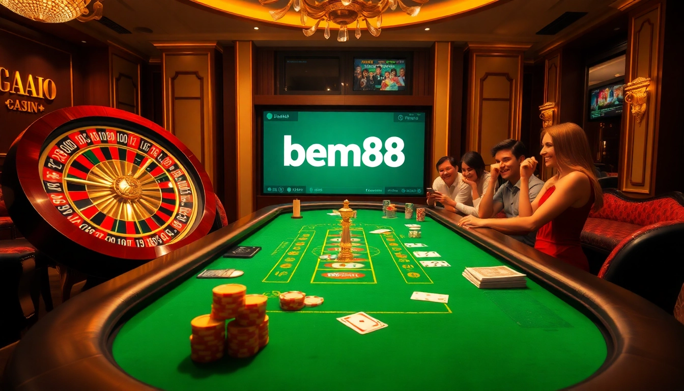 Experience the excitement of bem88 casino with players enjoying a lively game at a roulette wheel.