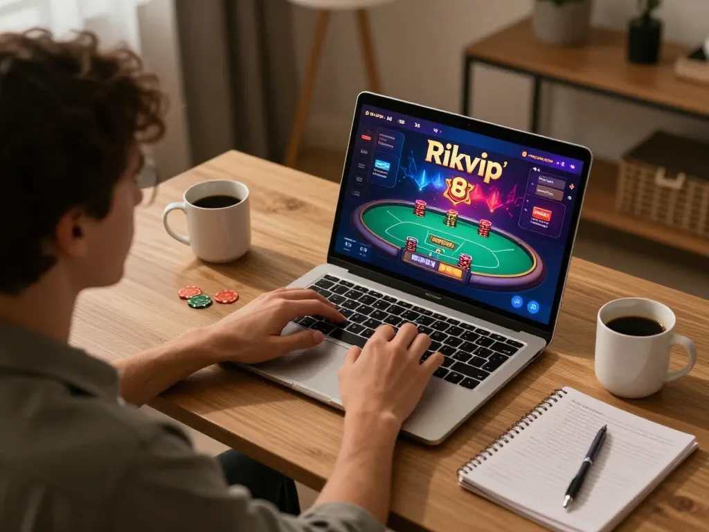 Player engaging with Rikvip casino games on laptop in cozy home setting, illustrating online gaming excitement.