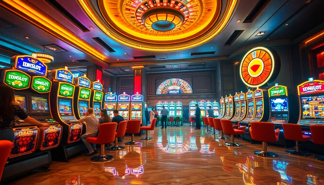 IDNSLOT players winning in a vibrant casino with slot machines and roulette tables.
