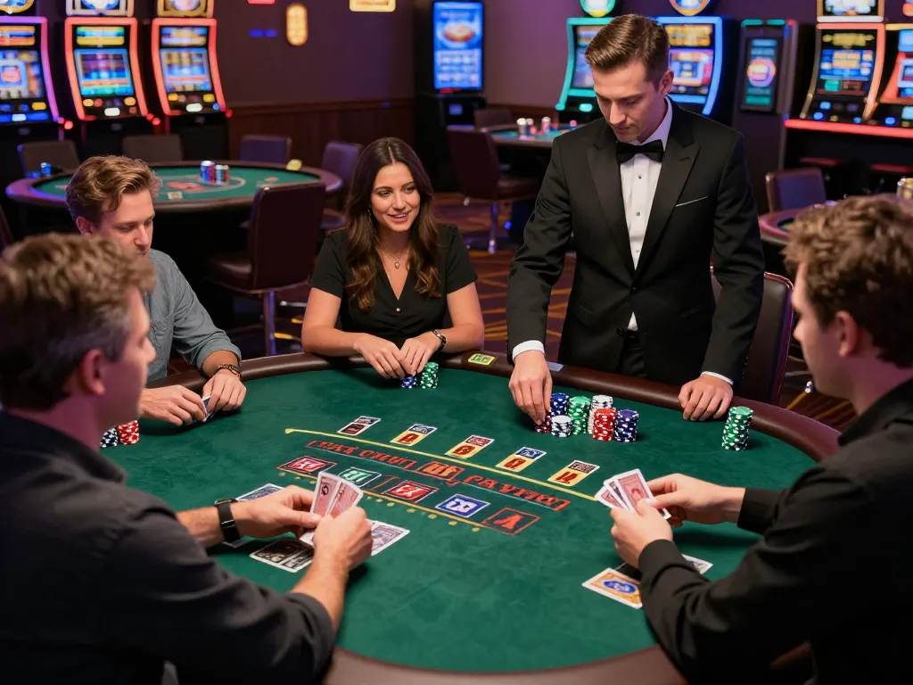 Players strategize their cards at the 33win blackjack table, capturing casino excitement and engagement.