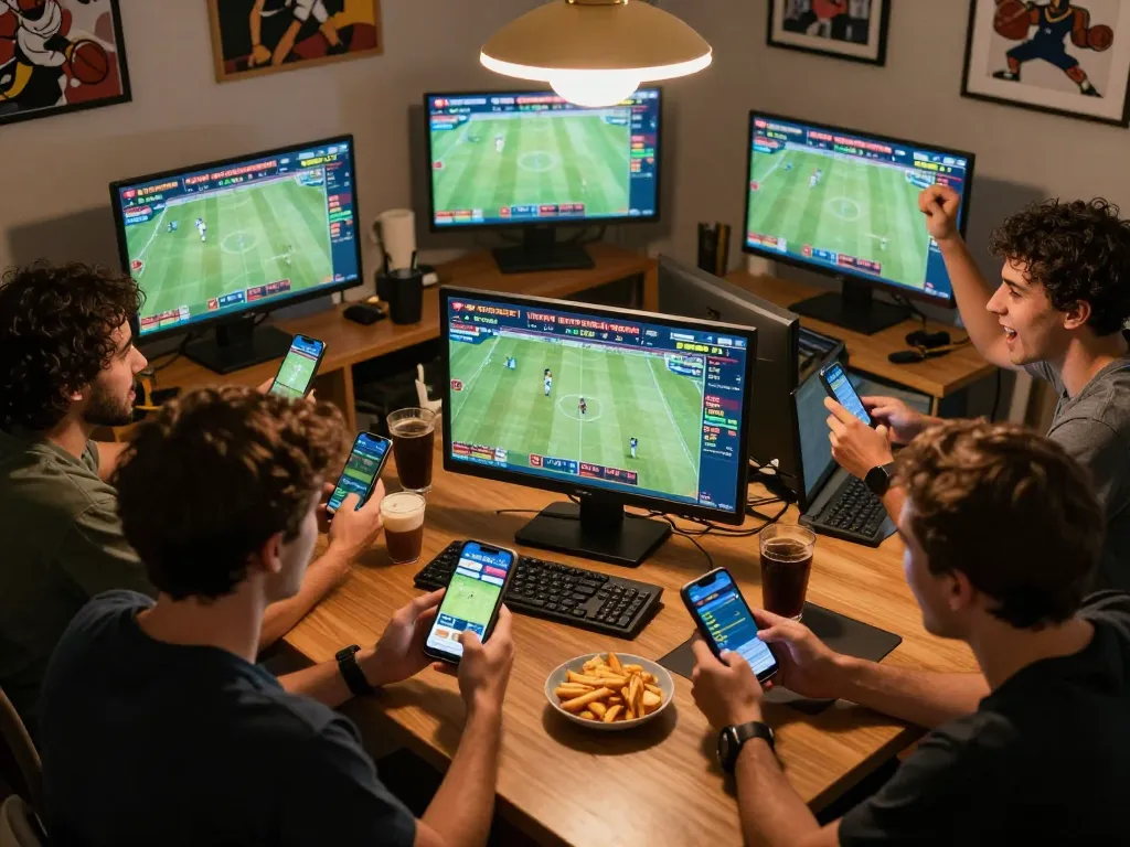 Friends celebrating live sports betting action using the SC88VN app in a lively home setting.