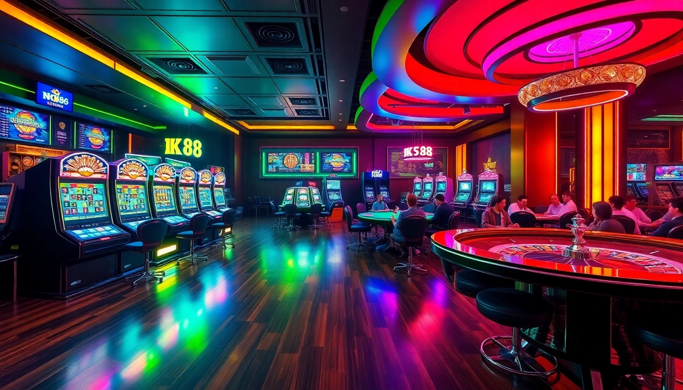 Experience the thrill of nk88 gaming with vibrant slot machines and excited players in an upscale casino.