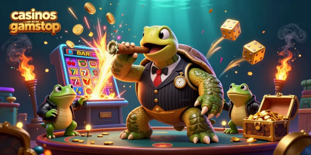 Engage in thrilling action at casinos not on gamstop with a vibrant 3D turtle mobster and game elements.