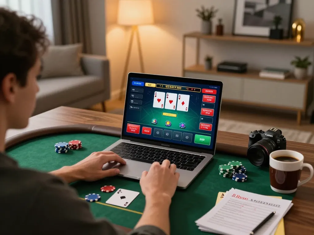 Player enjoying online poker on go88 web with laptop on stylish desk, showcasing interactive casino interface.