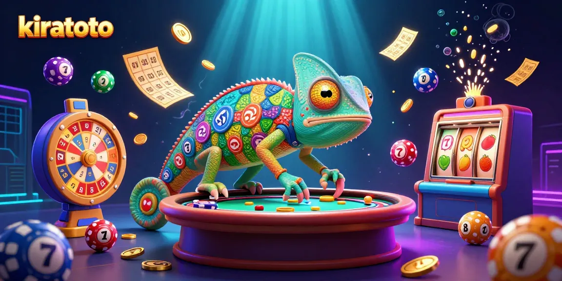 Kiratoto's lively chameleon casino owner engages players with vibrant lottery balls and slot reels.