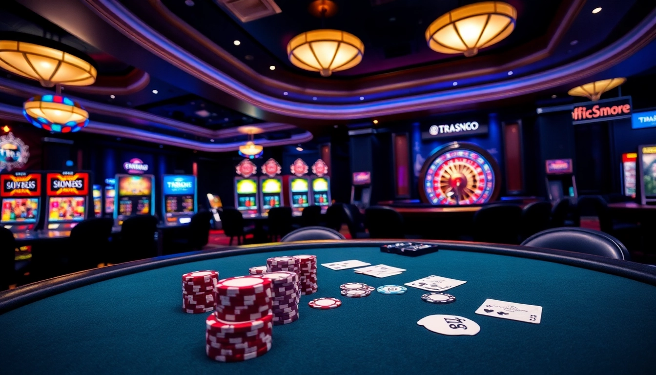 Experience high-stakes gaming action at TR88 casino with vibrant poker tables and slot machines.