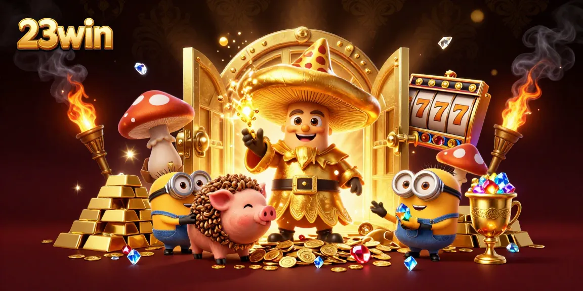 Play with 23win's vibrant slots as luck and treasures unfold in this magical casino scene.