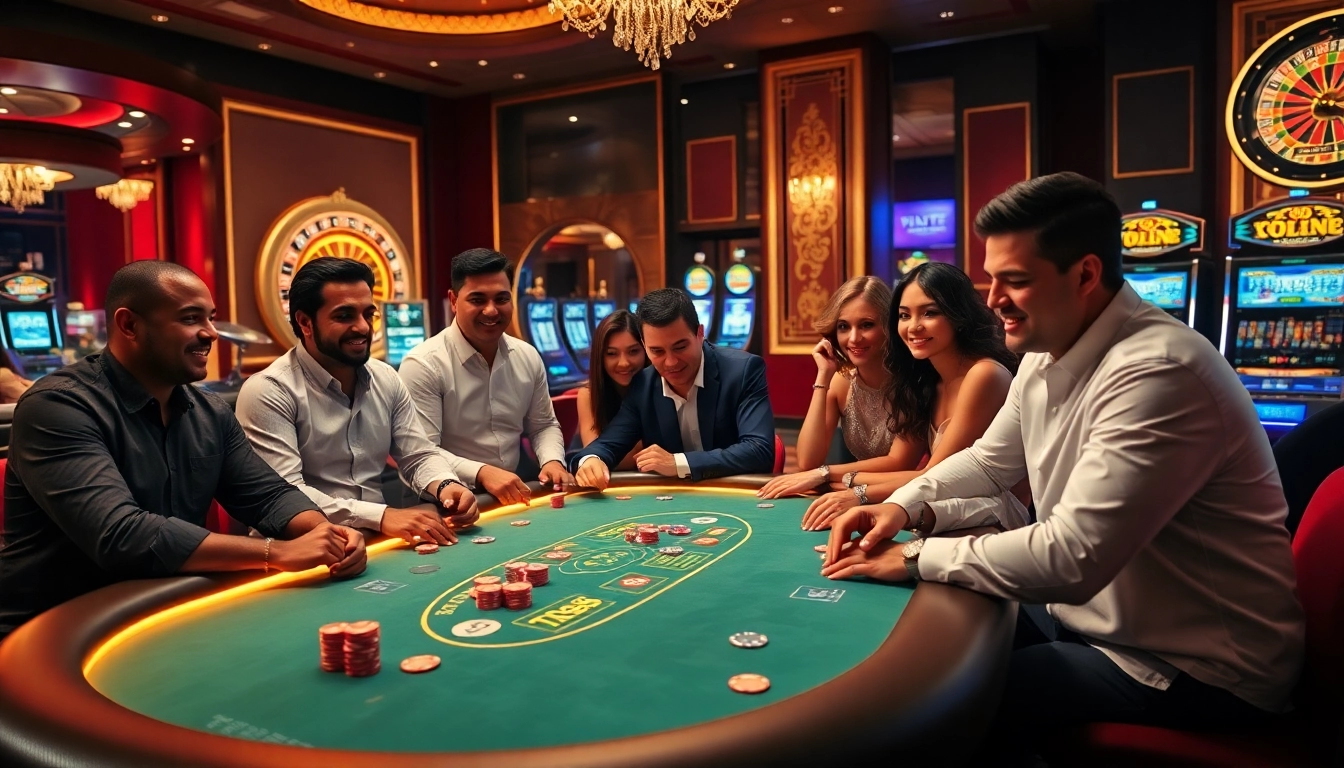 Experience the thrill of TR88 at a luxurious casino poker table with vibrant colors and players in action.