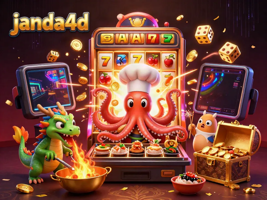 Permainan slot di JANDA4D: Momen seru dengan chef ikan gurita, naga, dan tanuki yang beraksi.