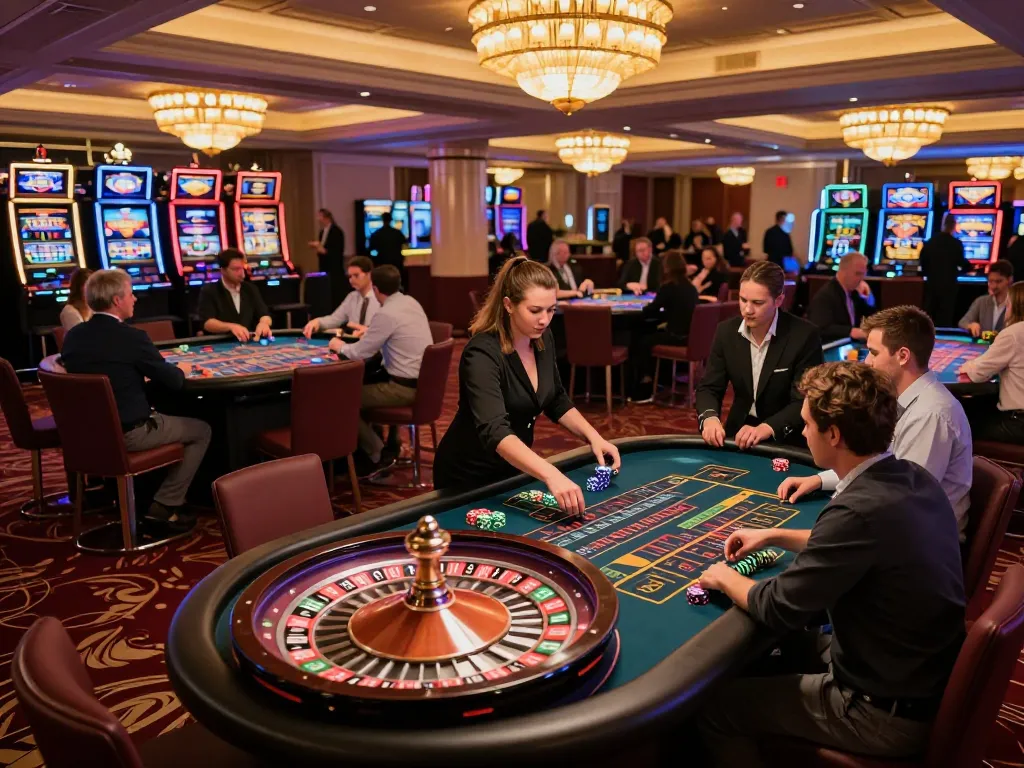 Players engaging with the roulette table at bem88 casino, vibrant atmosphere with colorful chips and anticipation.