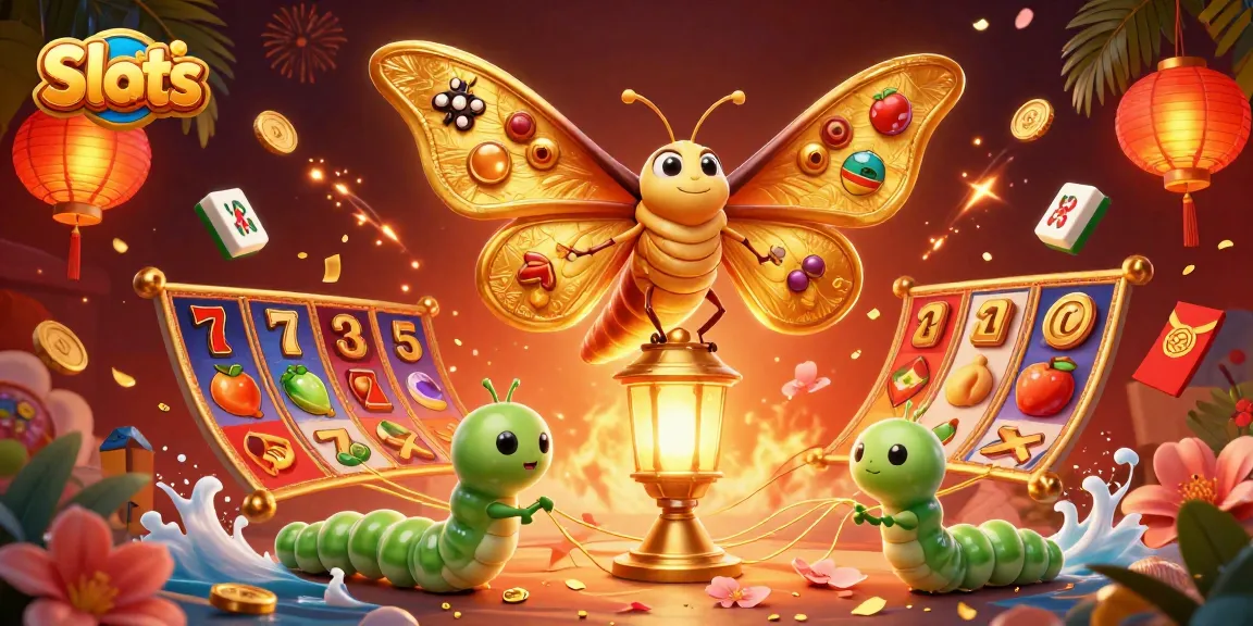 Spin the reels of exhilarating slots amid a vibrant casino carnival with golden butterflies.