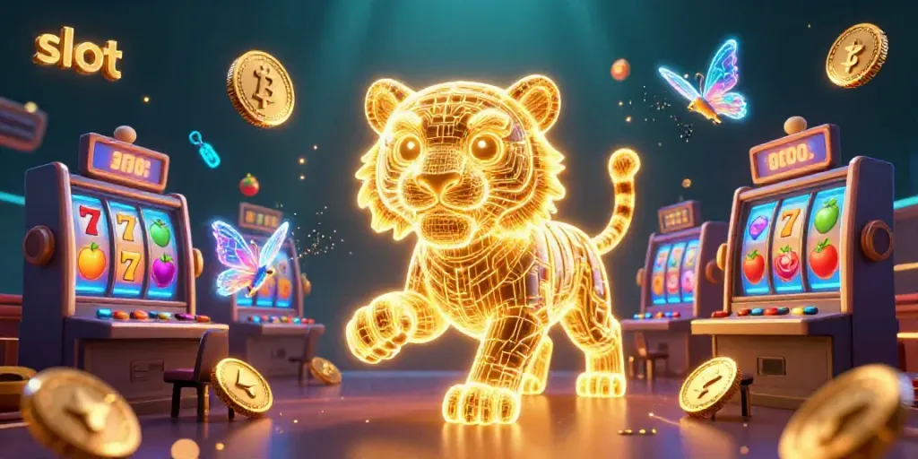 Engage with vibrant slot machine action featuring a golden tiger in a digital casino landscape.