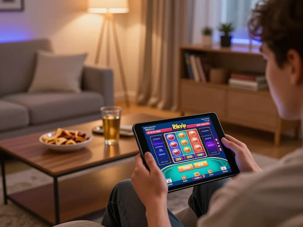 Rikvip user engaging in online slot gameplay with tablet in modern home setting.