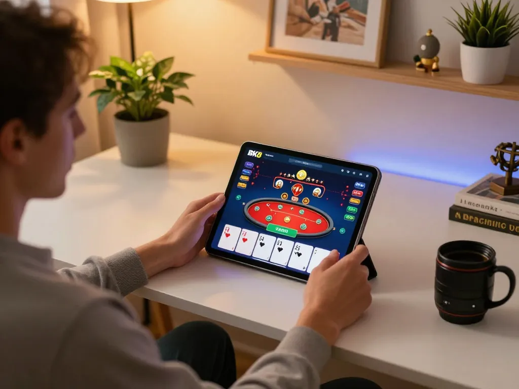 Person using BK8 app on tablet for an engaging online gaming experience at home