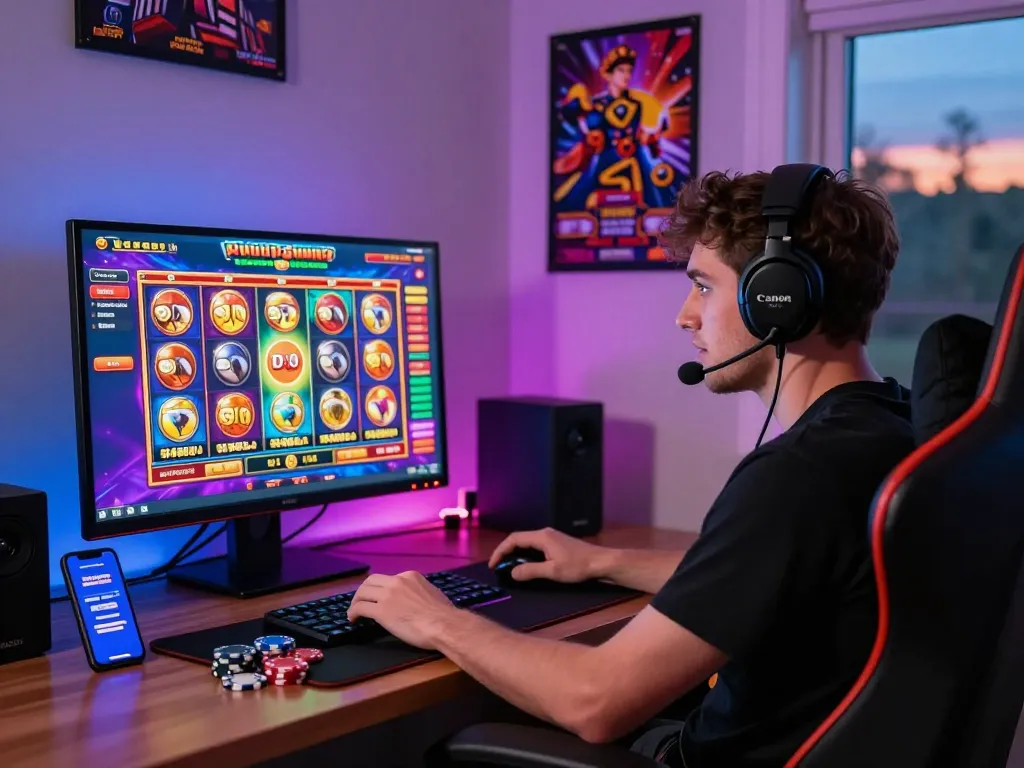 Pemain menikmati permainan slot demo di setup permainan yang nyaman, menunjukkan kegembiraan dan antarmuka berwarna-warni.