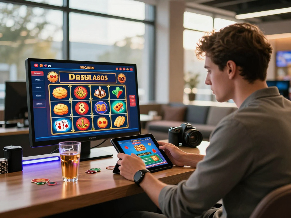 Exciting scene at https://giraffedays.com showcasing a British player enjoying online casino games, vibrant gaming icons, and a cozy lounge atmosphere