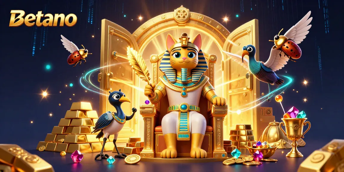 Betano entertains with pharaoh cat amidst treasure in a vibrant casino scene.