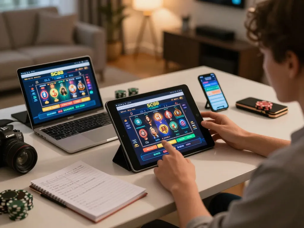 Player engaging with the SC88 online casino app while managing betting strategies at home.