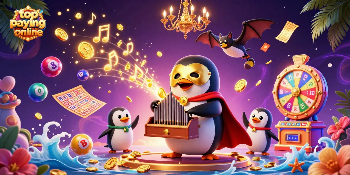 Engage with top paying online casino excitement through 3D visuals of a penguin playing a golden organ.